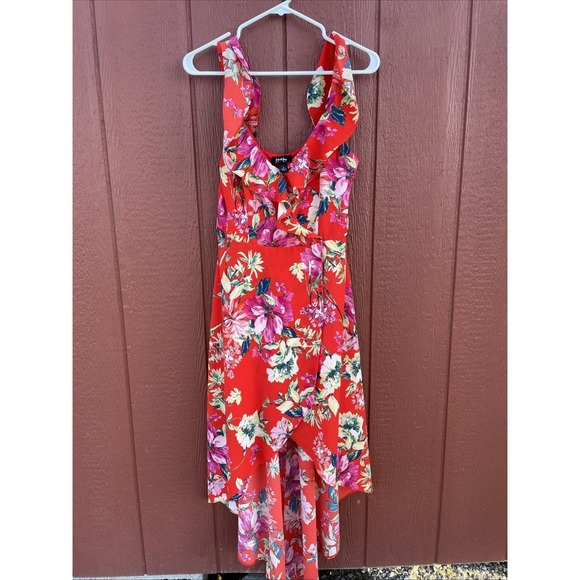 by & by Dresses & Skirts - By & By Red Floral Ruffle V-Neck Maxi Dress Womens Small Sleeveless Pink Yellow